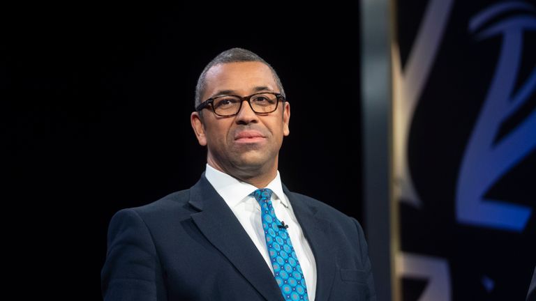 Conservative MP James Cleverly prepares to take part in the Channel 4 Brexit debate in Stratford,…