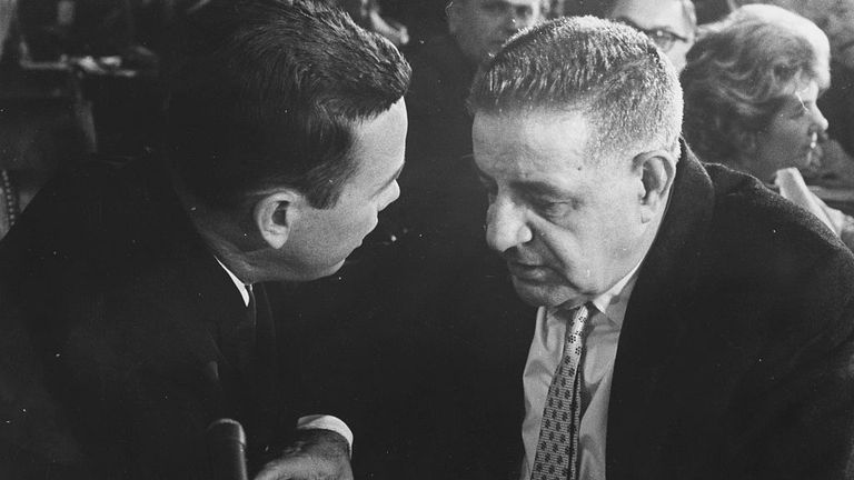 Valachi, right, talks to his council whilst giving evidence against his former mob bosses in 1963