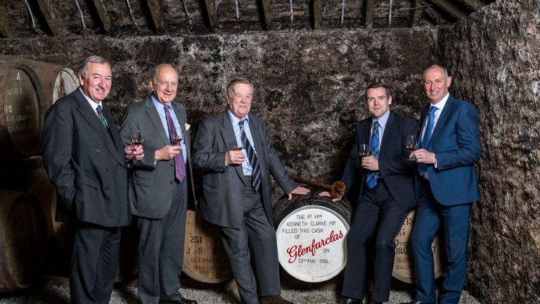 Ken Clarke at a whiskey distillery in 1994, where he instructed the barrel not be opened until Moray elected a Tory MP - in 2017