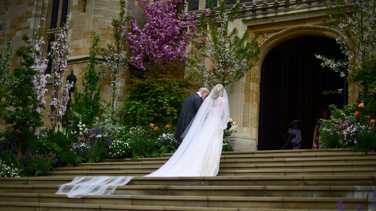 Lady Gabriella Windsor and her father Prince Micahel of Kent arrive at St George&#39;s Chapel in Windsor Castle, for her wedding to Thomas Kingston