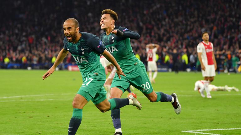 Lucas Moura of Tottenham Hotspur celebrates after scoring his team&#39;s third goal with Dele Alli of Tottenham Hotspur during the UEFA Champions League Semi Final second leg match between Ajax and Tottenham Hotspur at the Johan Cruyff Arena on May 08, 2019 in Amsterdam, Netherlands