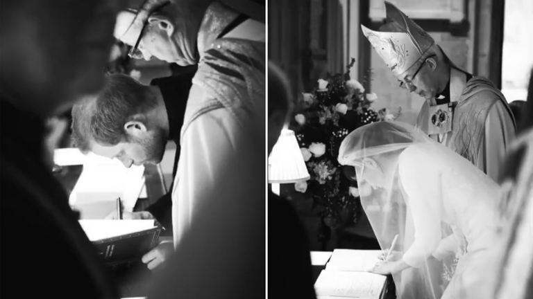 The Duke and Duchess of Sussex sign the wedding register. Pic: Chris Allerton/ @SussexRoyal