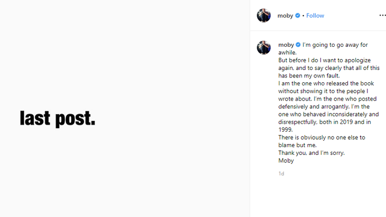 Moby&#39;s message on Instagram. Pic: Instagram/ Moby