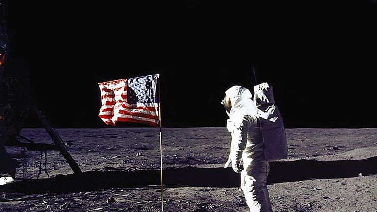 DC, UNITED STATES: This 20 July 1969 file photo released by NASA shows astronaut Edwin E. &#34;Buzz&#34; Aldrin, Jr. saluting the US flag on the surface of the Moon during the Apollo 11 lunar mission. The 20th July 1999 marks the 30th anniversary of the Apollo 11 mission and man&#39;s first walk on the Moon. AFP PHOTO NASA (Photo credit should read NASA/AFP/Getty Images)
