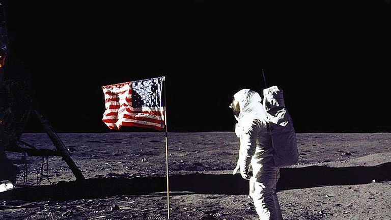 DC, UNITED STATES: This 20 July 1969 file photo released by NASA shows astronaut Edwin E. &#34;Buzz&#34; Aldrin, Jr. saluting the US flag on the surface of the Moon during the Apollo 11 lunar mission. The 20th July 1999 marks the 30th anniversary of the Apollo 11 mission and man&#39;s first walk on the Moon. AFP PHOTO NASA (Photo credit should read NASA/AFP/Getty Images)
