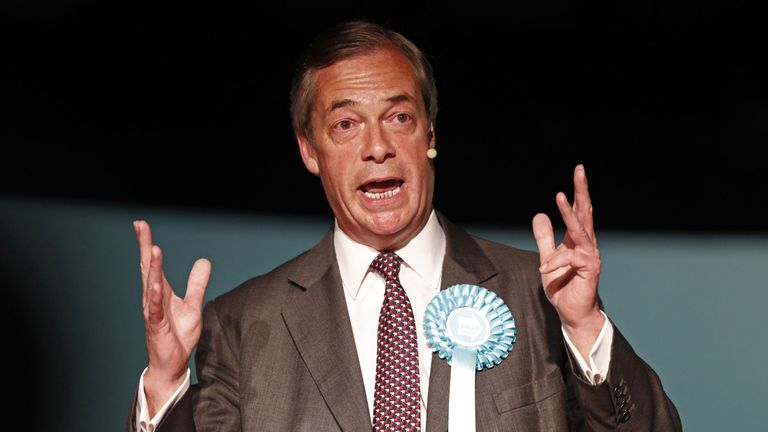 Brexit Party leader Nigel Farage speaks at a European Parliament election campaign rally at Frimley Green, south west of London on May 19, 2019. (Photo by Adrian DENNIS / AFP)        (Photo credit should read ADRIAN DENNIS/AFP/Getty Images)