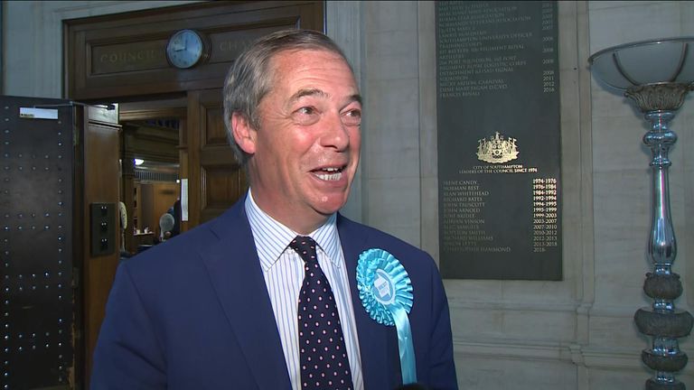 Brexit Party leader Nigel Farage said tonight&#39;s EU election results indicated &#39;a big win for the Brexit party&#39;