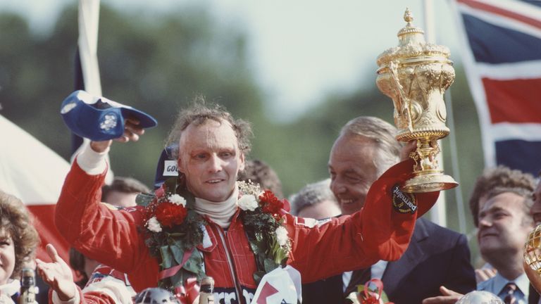 Lauda celebrates winning the British GP at Brands Hatch in 1982