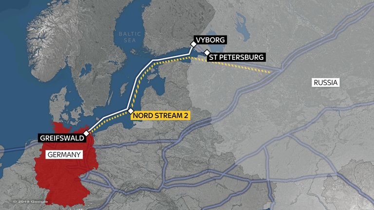 A map showing the Nord Stream 2 route