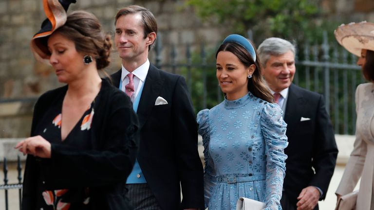 James Matthews and his wife Pippa (centre) arrive ahead of the wedding of Lady Gabriella Windsor and Thomas Kingston at St George&#39;s Chapel in Windsor Castle