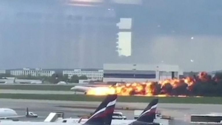 Plane lands in flames at Moscow airport