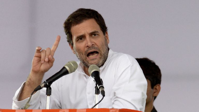 Indian Congress party president Rahul Gandhi addresses a public meeting at Saroornagar Stadium in Hyderabad on August 14, 2018. - Gandhi is on a two-day visit to the capital city of Southern Indian State of Telangana. (Photo by NOAH SEELAM / AFP) (Photo credit should read NOAH SEELAM/AFP/Getty Images)