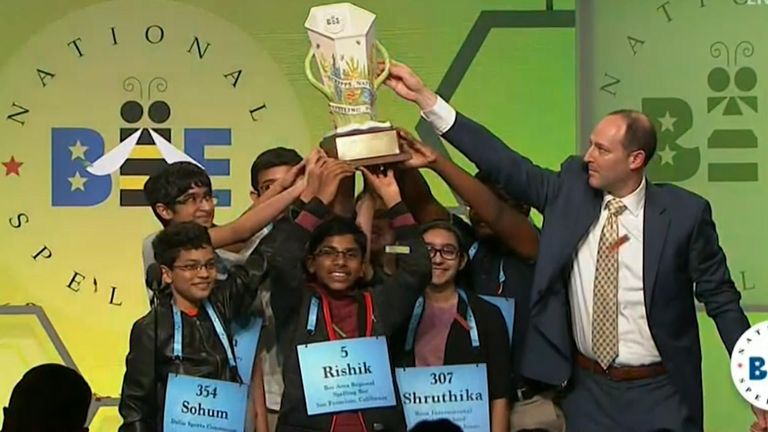 Eight joint winners celebrate victory at the National Spelling Bee competition in the US