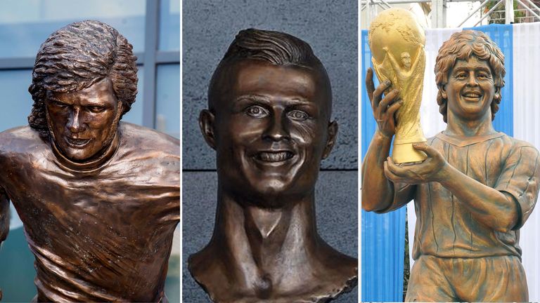 (L-R) Statues of George Best, Christiano Ronaldo and Diego Maradona