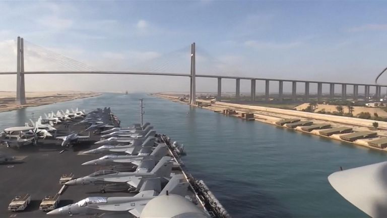 The USS Lincoln making its way through the Suez Canal on its way to the Gulf