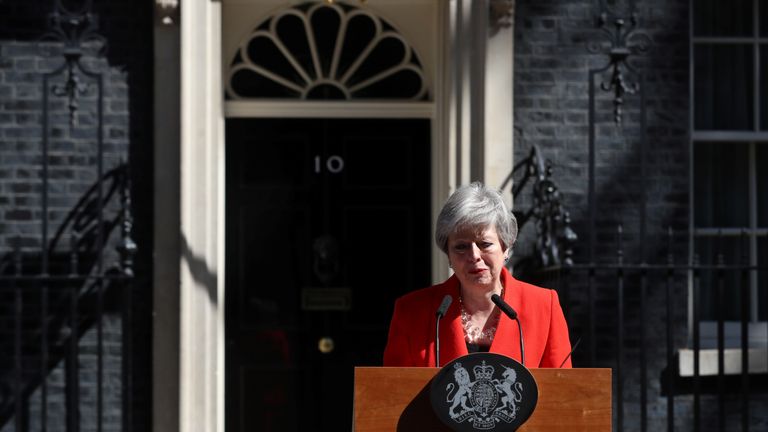 British Prime Minister Theresa May reacts as she delivers a statement in London, Britain, May 24, 2019