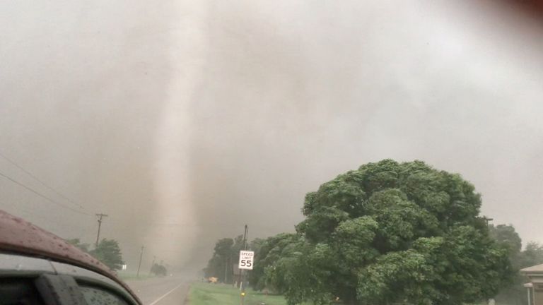 A tornado spins in Mangum, Oklahoma