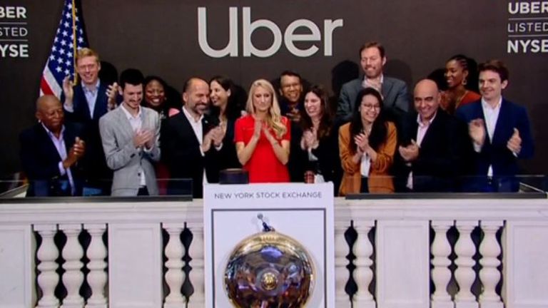 Uber chief executive Dara Khosrowshahi was on hand as the bell rang to commence trading on the NYSE