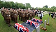 The coffins of two young privates and an unknown soldier, who fought during World War One, during a burial service at Hermies Hill British Cemetery near Albert, France. Wednesday June 12, 2019. Private Henry Wallington, 20, Private Frank Mead, 23, and an unknown soldier all served with the 23rd Battalion and were killed during the Battle of Cambrai. The remains of the three soldiers were found in February 2016 during drainage works in the garden of a house
