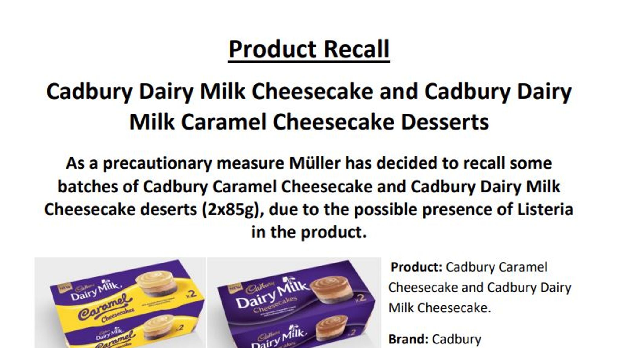 Two Cadbury cheesecake desserts recalled over fears they may contain