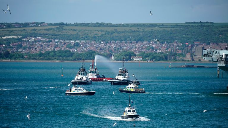 PORTSMOUTH, ENGLAND - JUNE 03: A historical floatilla sails behind a Brittany ferry transporting D-Day Veterans to Caen and the Normandy beaches where they will pay their respects to fallen comrades on June 03, 2019 in Portsmouth, England.  Thursday 6th June is the 75th anniversary of the D-Day landings which saw 156,000 troops from the allied countries including the United Kingdom and the United States join forces to launch an audacious attack on the beaches of Normandy, these assaults are credited with the eventual defeat of Nazi Germany. A series of events commemorating the 75th anniversary are planned for the week with many heads of state travelling to the famous beaches to pay their respects to those who lost their lives. (Photo by Christopher Furlong/Getty Images)