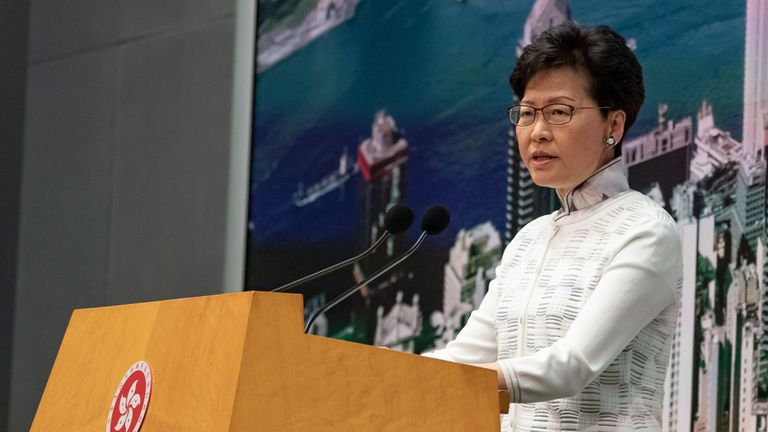 HONG KONG, HONG KONG - JUNE 15:  Carrie Lam, Hong Kong's chief executive, speaks during a news conference at Central Government Complex on June 15, 2019 in Hong Kong China. Hong Kong's Chief Executive Carrie Lam announced to delay a controversial China extradition bill and halt its progress on Saturday after recent clashes between the police and protesters outside government buildings over the bill that would allow suspected criminals to be sent to the mainland. An estimated 1 million people took to the streets on Sunday to protest against the bill as clashes between demonstrators and the police erupted after the peaceful march and many believe the proposed amendment would erode Hong Kong's legal protections, placing its citizens at risk of extradition to China. (Photo by Anthony Kwan/Getty Images)