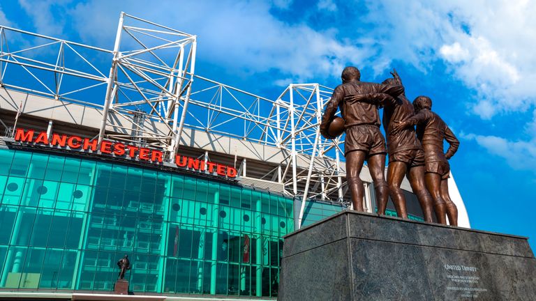 Manchester, UK - May 19 2018: The United Trinity bronze sculpture which composed with George Best, Denis Law and Sir Bobby Charlton in front of Old Trafford stadium