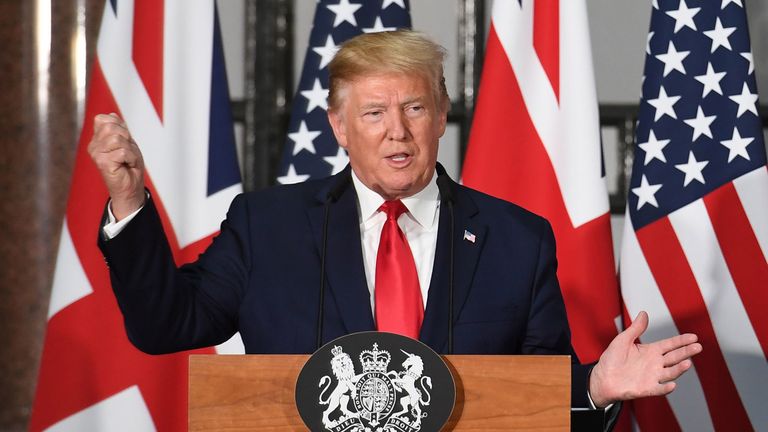 LONDON, ENGLAND - JUNE 04: US President Donald Trump attends a joint press conference with Prime Minister Theresa May at the Foreign & Commonwealth Office during the second day of his State Visit on June 4, 2019 in London, England. President Trump's three-day state visit began with lunch with the Queen, followed by a State Banquet at Buckingham Palace, whilst today he will attend business meetings with the Prime Minister and the Duke of York, before travelling to Portsmouth to mark the 75th anniversary of the D-Day landings. (Photo by Stefan Rousseau - WPA Pool /Getty Images)