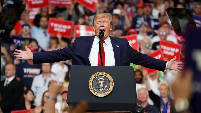 U.S. President Donald Trump speaks at a campaign kick off rally at the Amway Center in Orlando, Florida, U.S., June 18, 2019. REUTERS/Carlo Allegri