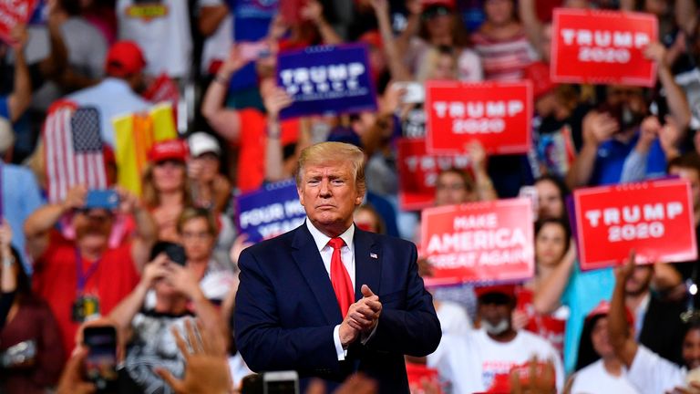 US President Donald Trump gestures after a rally at the Amway Center in Orlando, Florida to officially launch his 2020 campaign on June 18, 2019. (Photo by MANDEL NGAN / AFP)        (Photo credit should read MANDEL NGAN/AFP/Getty Images)