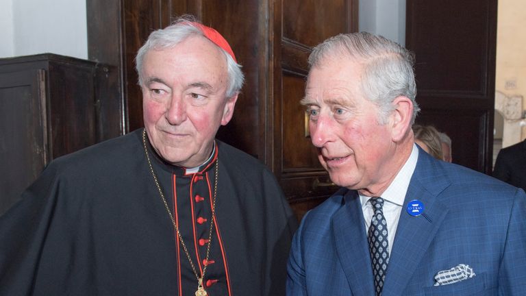 The Prince of Wales meets Cardinal Vincent Nichols, Archbishop of Westminster as he visits the Venerable English College in Rome, Italy on the seventh day of his nine-day European tour.