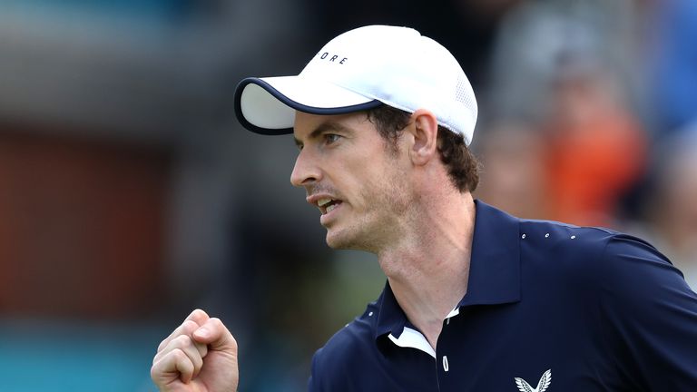 LONDON, ENGLAND - JUNE 20: Andy Murray of Great Britain partner of  Feliciano Lopez of Spain celebrates during their mens doubles first round match against Juan Sebastian cabal of Columbia and Robert Farah of Columbia during day four of the Fever-Tree Championships at Queens Club on June 20, 2019 in London, United Kingdom. (Photo by Alex Pantling/Getty Images)