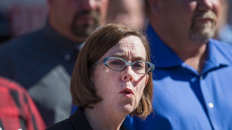 ROSEBURG, OR - OCTOBER 02:  Oregon governor Kate Brown speaks to the press about the mass shooting at Umpqua Community College on October 2, 2015 in Roseburg, Oregon.  Yesterday 26-year-old Chris Harper Mercer went on a shooting rampage at the campus, killing 9 people and wounding another seven before he was killed.  (Photo by Scott Olson/Getty Images)