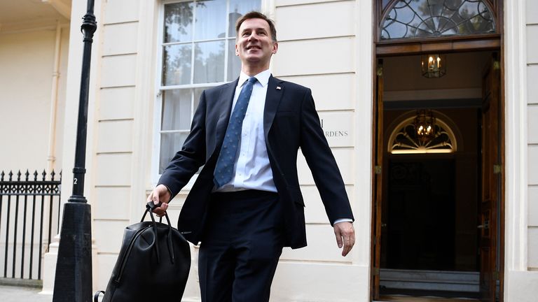 LONDON, ENGLAND - JUNE 24: Conservative leadership candidate Foreign Secretary Jeremy Hunt is interviewed outside 1 Carlton House Terrace on June 24, 2019 in London, England. Boris Johnson and Jeremy Hunt are campaigning to party members prior to a final ballot, the result of which will be announced during the week of 22 July. (Photo by Leon Neal/Getty Images)