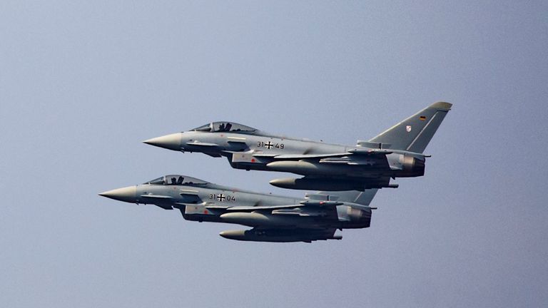 MUNSTER, GERMANY - MAY 20: Two Eurofighters fighting jets during a presentation of capabilities by the unit on May 20, 2019 in Munster, Germany. The brigade is the core of the Very High Readiness Joint Task Force (VJTF), which is a NATO rapid reaction force composed of soldiers from a variety of NATO nations. The German government recently announced it will increase defense spending by EUR 5 billion, the biggest rise since the end of the Cold War. (Photo by Morris MacMatzen/Getty Images)