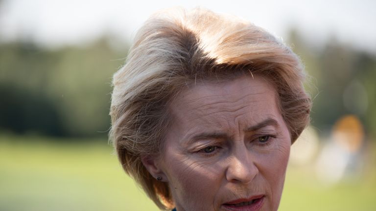 Ursula von der Leyen, German Defense Minister, informs herself and gives a statement at the site of a crash between two Eurofighter jets of the German Air Force on June 24, 2019 near Nossentiner Huette. - One pilot was killed after two German fighter jets collided and crashed Monday in the north of the country, an airforce spokesman said, with the reason for the accident unclear. (Photo by Jens Büttner / dpa / AFP) / Germany OUT        (Photo credit should read JENS BUTTNER/AFP/Getty Images)