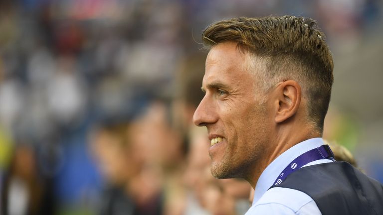 England's coach Phil Neville attends the France 2019 Women's World Cup quarter-final football match between Norway and England, on June 27, 2019, at the Oceane stadium in Le Havre, north western France. (Photo by Damien MEYER / AFP)        (Photo credit should read DAMIEN MEYER/AFP/Getty Images)