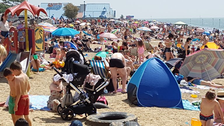 People flock to Southend beach, on the day that could see a new record for a June temperature in the UK.