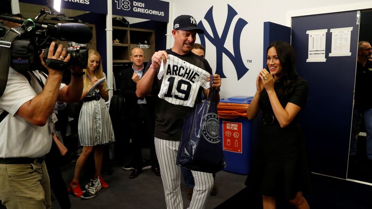 Meghan Harry Yankees Locker Room Archie Uniform London Series June 29 2019  via NYY