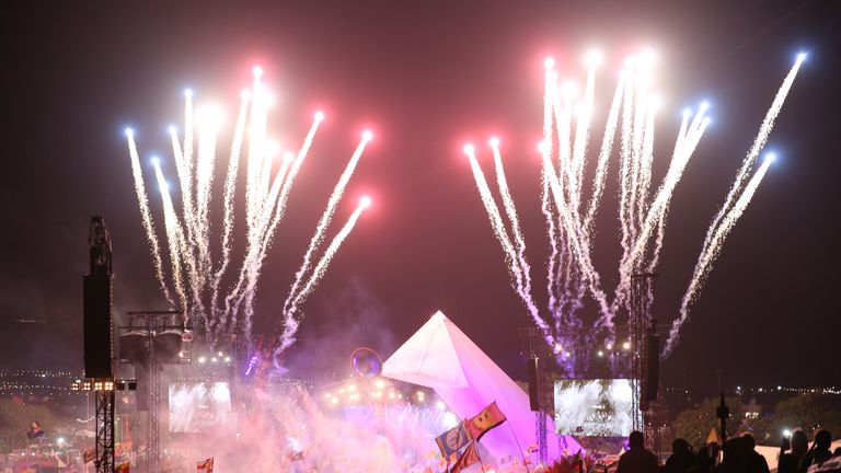 The Killers plays the Pyramid Stage on the fourth day of the Glastonbury Festival at Worthy Farm in Somerset.