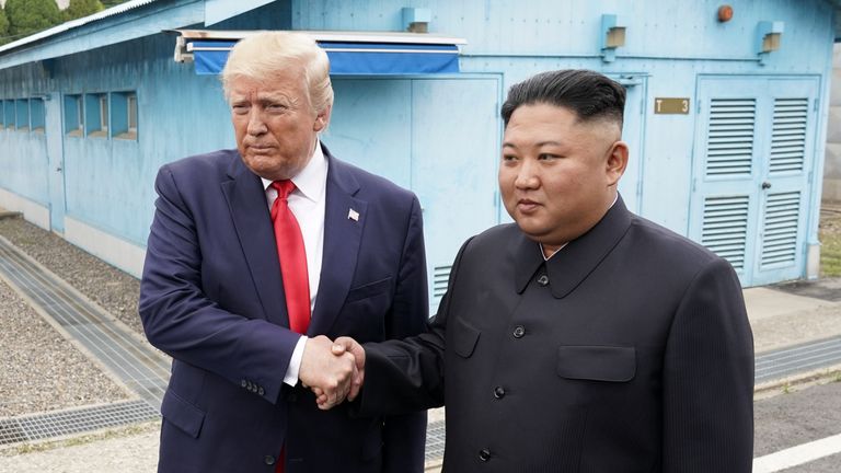 U.S. President Donald Trump meets with North Korean leader Kim Jong Un at the demilitarized zone separating the two Koreas, in Panmunjom, South Korea, June 30, 2019. REUTERS/Kevin Lamarque