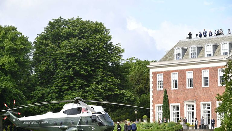 Donald Trump  and Melania Trump disembark Marine One at Winfield House, the residence of the US Ambassador