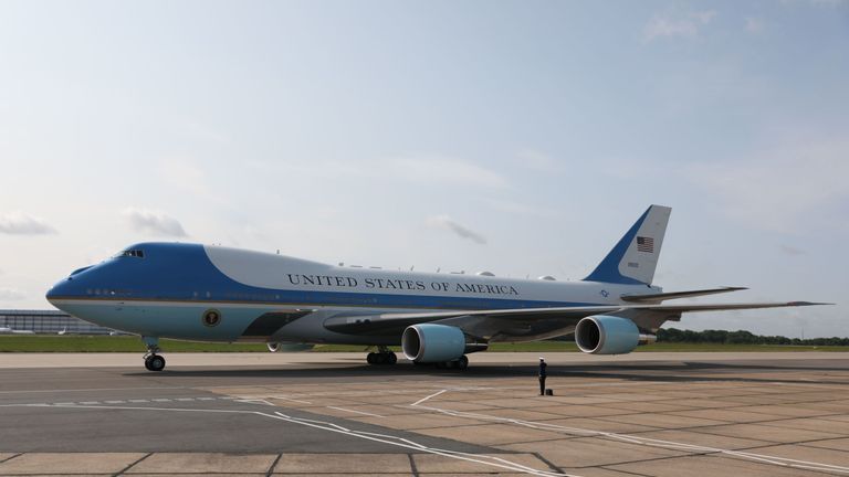 Air Force One sits on the runway of Stanstead Airport 
