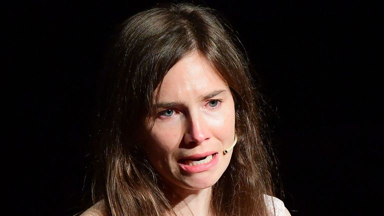 US journalist Amanda Knox reacts as she addresses a panel discussion titled "Trial by Media" during the Criminal Justice Festival