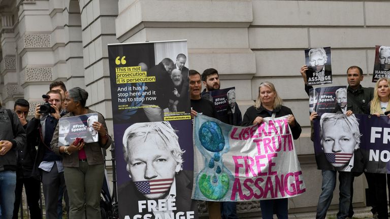 Supporters of Julian Assange outside  Westminster Magistrates&#39; Court in London for the latest extradition case management hearing