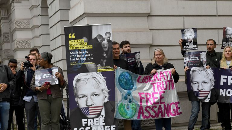 Supporters of Julian Assange outside  Westminster Magistrates' Court in London for the latest extradition case management hearing