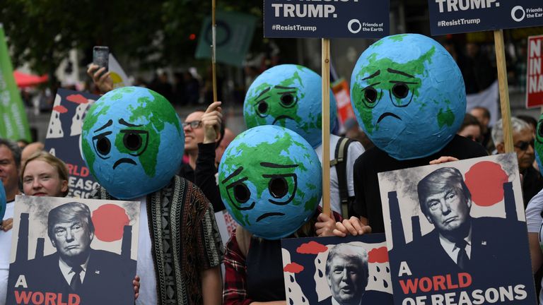 Demonstrators take part in an anti-Trump protest in London