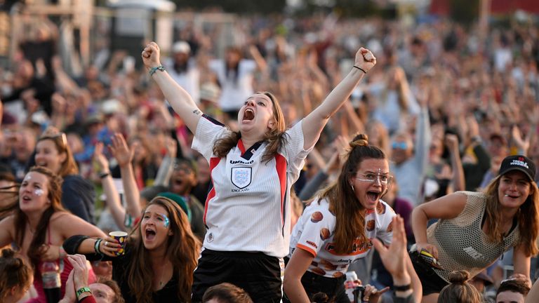 Football fans at Glastonbury watch England's victory over Norway in Women's World Cup