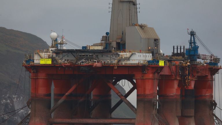 Greenpeace climbers on the oil rig in Cromarty Firth, Scotland