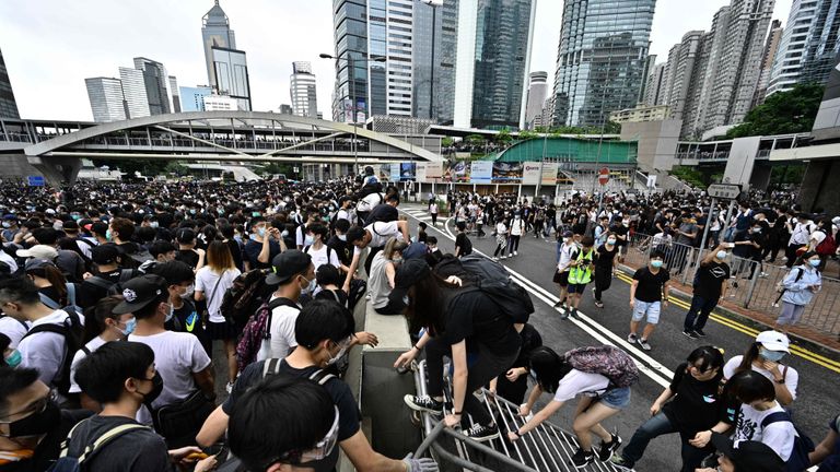 Protesters occupy Harcourt Road near the government headquarters in Hong Kong on June 12, 2019